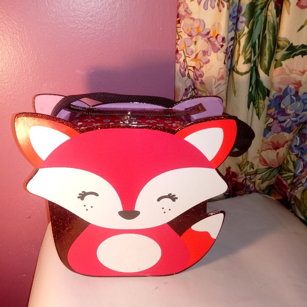 GIRLS RED FLORAL FOX 10" STORAGE BOX WITH MIRROR & OPEN POCKET